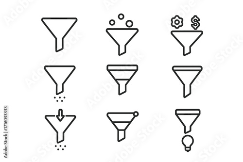 Sales funnel & marketing conversion icon set. Data filter, lead generation, customer journey & business pipeline process. Vector line icons for website & infographics.