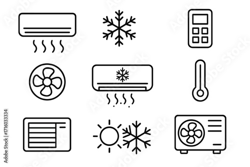 Air conditioner and heating icon set. HVAC, climate control line icons. Cooling, fan, ventilation pictograms. Temperature, remote, snowflake outline symbols for web design.