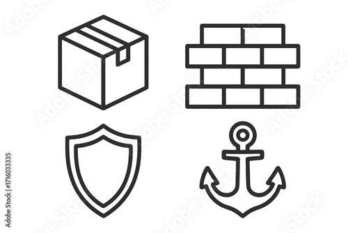 Vector line icon set for business concepts. Includes shipping box, brick wall, security shield, and marine anchor. Symbols for logistics, construction, protection, and stability.