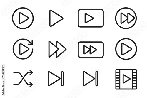 Play button icon set. Line art media player control symbols. Vector graphic elements for web design, apps, and user interface. Video, audio, and music playback signs.