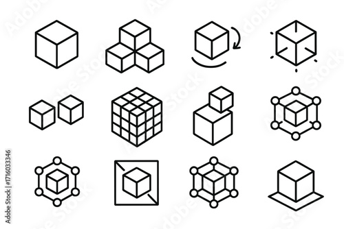 Cube 3D box line icon collection. Abstract blocks and geometric shapes. Concepts for blockchain, data modeling, network systems, logistics and technology. Editable stroke vector set.