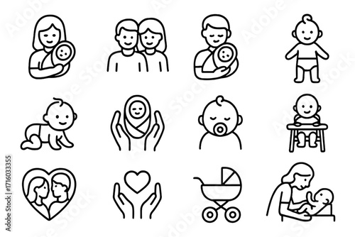 Family life line icons. Mother, father and baby icon set. Newborn care, parenthood, maternity. Childcare thin line pictograms. Stroller, pacifier, diaper symbols.