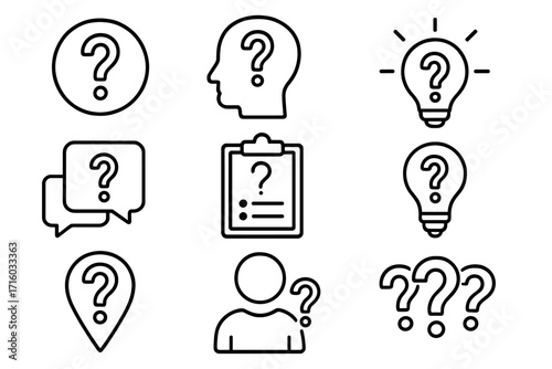 Question mark outline icon set. FAQ, help and support concept. Simple line vector symbols for web, ui, ux design. Query, problem, idea, and survey pictogram collection.