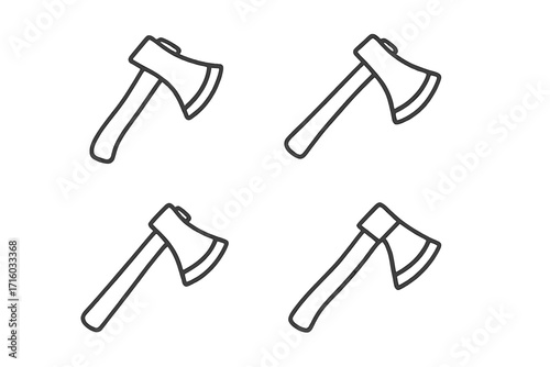 Axe line icon set. Minimal hatchet pictogram collection. Woodworking tool symbol. Lumberjack equipment for chopping wood. Camping and survival gear. Simple outline vector.