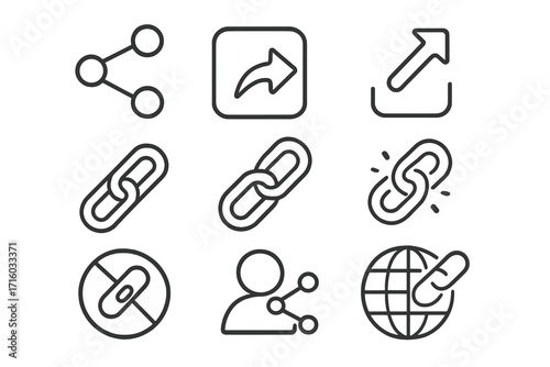 Share and link icon set. Line art connection symbols for web and app UI design. Vector outline pictogram pack for interface. Send, network, hyperlink, connect signs.