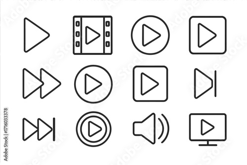 Play button line icon set. Media player interface signs for web and app design. Vector outline multimedia symbols, including start, forward, next, and volume controls.