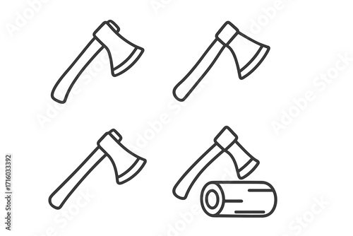 Axe line icon set. Hatchet and log symbol collection. Lumberjack tool for chopping wood. Minimal vector pictogram for web design, apps, and graphic user interface.