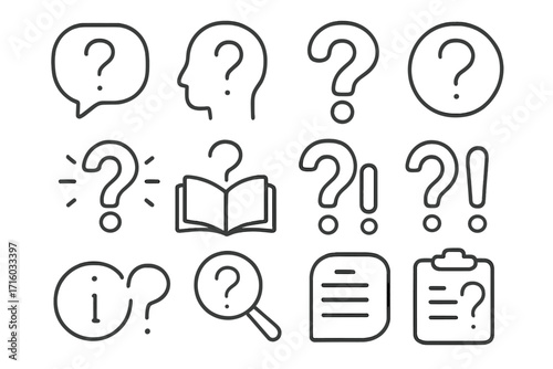 Question mark line icon set. FAQ, help, support, and query signs. Outline vector symbols for web design, apps, and info graphics. Thinking head, search, and problem concept.