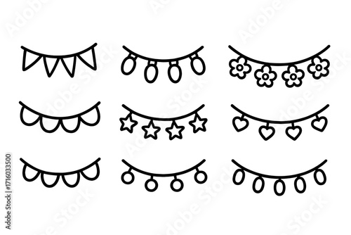 Garland icon set for party decoration. Festive line art collection with bunting flags, string lights, stars, hearts, flowers. Simple outline vector for celebration.