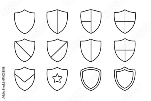 Shields icon set. Security, protection, safety concept. Simple line guard emblem collection. Vector outline badge, logo, symbol for web, app. Minimalist design elements.
