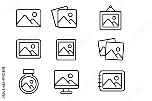 Picture & photo line icon set for graphic design. Vector collection of outline signs like image gallery, photo album, frame & computer display for apps, web & print.