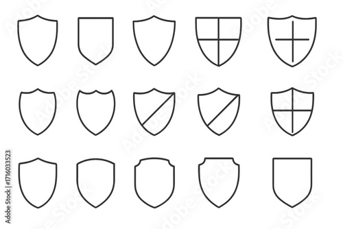 Shield icon set for security and protection. Thin line vector collection of safety, guard, and defense symbols. Editable stroke emblems for logo, web, UI, and apps.