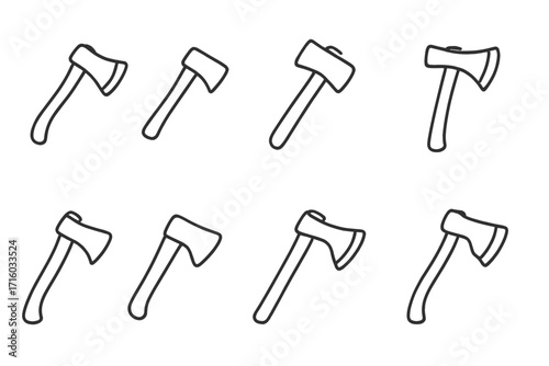 Set of axe linear icons. Minimalistic pictograms for web and graphic design. Simple outline hatchet collection for apps, banners, social media and cards. Vector tool illustration.