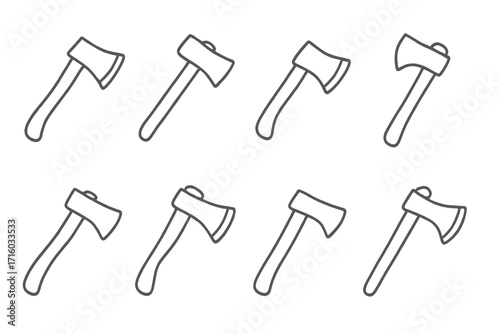 Axe linear icon set. Minimal pictogram for web, graphic design. Vector lumberjack tool symbol for cutting wood. Simple cartoon illustration for camping, survival or outdoors.