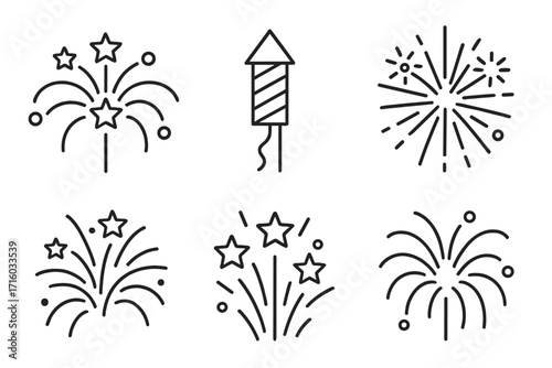 Fireworks line icon set for celebration and party. Vector pyrotechnic symbols. New Year, festival, holiday concept. Outline firecracker, rocket, sparkle, burst pictogram collection.