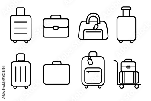 Travel luggage and baggage line icon set. Suitcase, briefcase, handbag outline symbols. Vector collection for airport, tourism, vacation concepts. Minimalist pictogram for web.