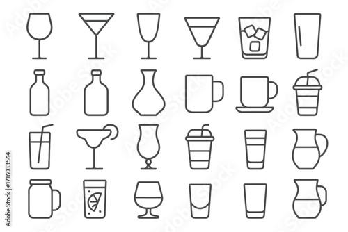 Drink and beverage glass line icon set. Collection of simple outline icons for bar menu, cafe, and restaurant. Vector symbols of glassware, cocktail, wine, and coffee cup.
