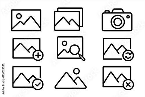 Photo gallery and image line icon set. Vector picture symbols for web design, UI, UX, and apps. Includes camera, add, search, refresh, and checkmark outline signs.