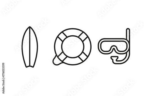 Summer beach vacation icon set. Surfboard, lifebuoy, and diving mask line art. Minimalist pictograms for web, apps. Water sports, safety, and travel vector symbols.