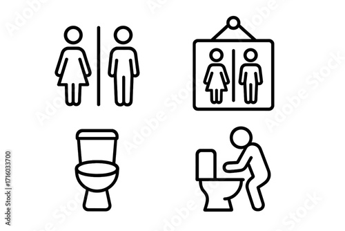 Restroom line icon set. Man, woman gender signs for toilet door. Lavatory, WC pictogram. Person vomiting or cleaning toilet bowl. Sickness concept. Vector icons with editable stroke.