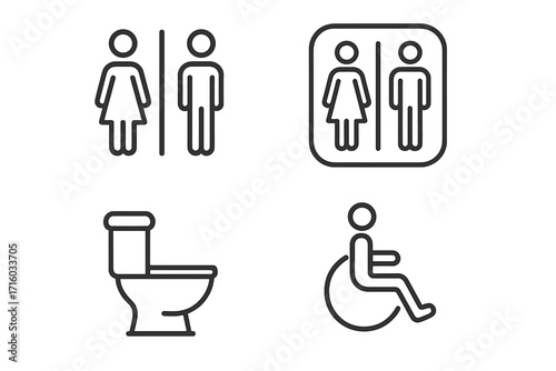 Restroom and toilet thin line icon set. Vector symbols for man, woman, and disabled accessibility. Public WC, bathroom, and lavatory signs with editable stroke for web.