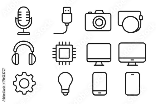 Technology and electronics line icon set. Gadget outline symbols collection including microphone, camera, USB, chip. Editable stroke vector illustration for web and app design.