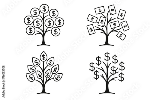 Money tree vector icon set. Concept of financial growth, investment, wealth, and profit. Business success and savings metaphor. Outline illustration of dollar signs growing on trees.