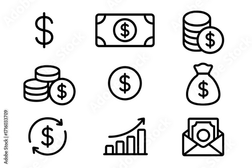 Money and finance line icon set. Vector collection of business, banking, and investment symbols. Includes dollar sign, cash, coins, profit growth chart, and payment icons.