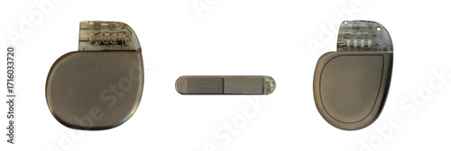 Modern cardiac pacemaker devices and implantable loop recorder medical equipment isolated on transparent background, png