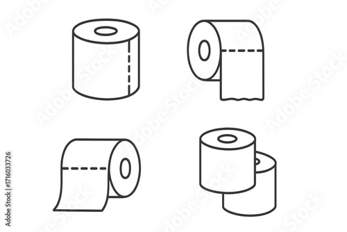 Toilet paper roll simple line icon collection. Bathroom tissue and hygiene linear symbols. Isolated vector restroom pictogram set with editable stroke for graphic design.