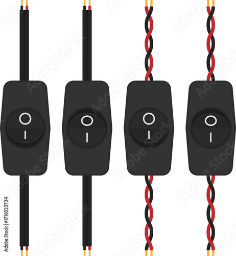 Inline rocker switches with wiring on transparent background. Electrical circuit control setup for educational materials, electrical projects, technical documentation, and electronics-themed visuals