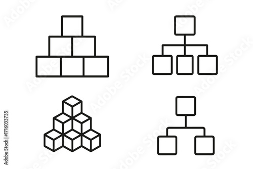 Pyramid and hierarchy chart line icon set. Infographic elements for business structure, organization, and workflow. Vector cubes and flowchart symbols for web and app design.