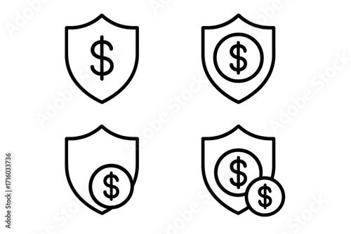 Money shield icon set for financial protection and security. Vector line art of safe payment, investment guarantee, insurance, and wealth defense concept. Secure cash.