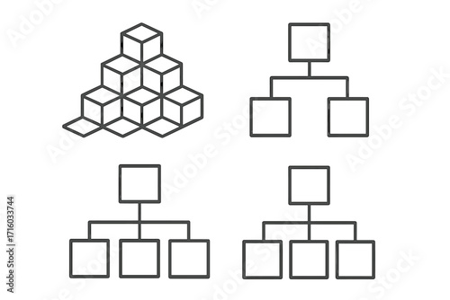 Hierarchy icon set. Organization chart and business structure line icons. Corporate flowchart, management levels, and pyramid diagram vector collection for web and apps.