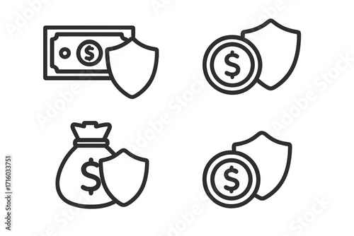 Money protection shield icon set. Financial security line icons. Safe payment, investment insurance, and secure transaction concepts. Editable stroke vector illustration.
