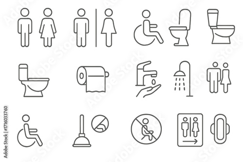 Toilet and restroom thin line icon set. Vector collection of public bathroom signs and pictograms. Includes WC, disabled access, gender symbols, shower, and hygiene items.