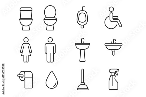 Restroom and bathroom simple line icon set. Toilet, urinal, sink, and gender pictograms. Vector signs for public WC, accessibility, and hygiene. Editable stroke symbols.