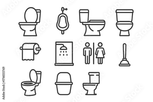 Restroom line icon set. Toilet, urinal, shower, plunger & toilet paper vector icons. Bathroom & WC hygiene symbols collection. Editable stroke signs for web & apps. Man, woman pictogram.