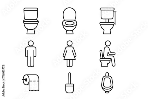 Restroom line icon set. Simple toilet, urinal, man, woman pictogram collection. Vector bathroom signs. Editable stroke for web design, apps, and print graphics.
