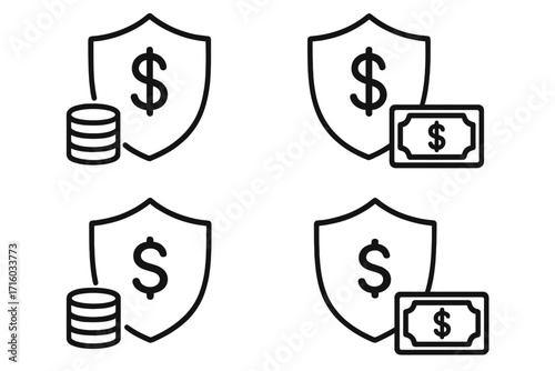 Financial security line icon collection. Money protection, safe payment, investment insurance concept. Shield with dollar sign, cash, coins. Editable stroke for web, app.