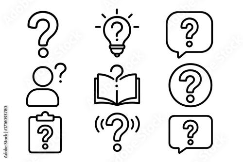 Question mark line icon set. FAQ, help and support symbols. Outline pictogram collection for web design, apps, and infographics. Vector signs for problem, solution, and query.