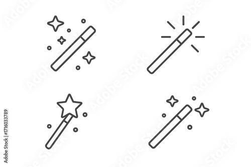 Magic wand icon set simple line art. Wizard fantasy trick symbol. Vector illustration for UI UX design. Editable stroke. Fairy sparkle star pictogram for web and apps.