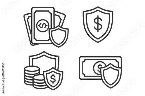 Money protection line icon set. Financial security and insurance concept. Secure investment, savings, and payment guarantee icons. Editable stroke vector illustration for finance.