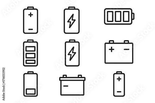 Battery icon set line art collection. Power energy symbol. Charge level indicator sign. Low and full accumulator status. Car battery and alkaline cell vector graphic element.