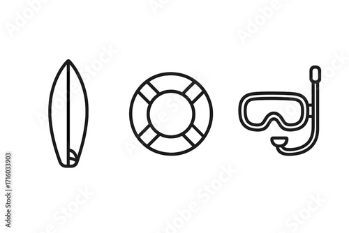 Beach vacation and water sports line icon set. Surfboard, lifebuoy, and diving mask outline symbols. Minimal vector pictogram for summer, travel, sea, and ocean concepts.