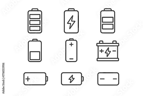 Battery charge status icons. Vector line icon set of energy level indicators. Full, low, empty. Electric power, charging symbol. Car accumulator, alkaline cell illustration.