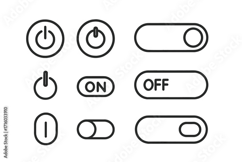 On Off switch line icon set. Power button, toggle and slider for UI UX web design. User interface element for app. Outline vector start, stop, turn on, turn off sign.