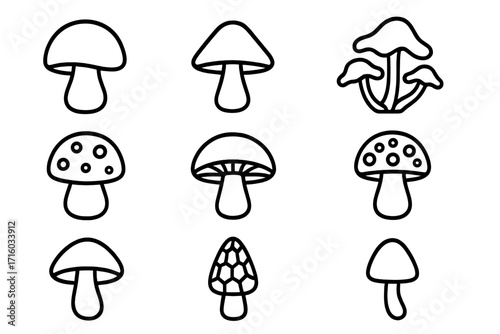 Mushroom icon set. Fungi line art collection. Vector outline symbols for web and graphic design. Simple minimal champignon, amanita, morel & food icons. Fungus logo pack.
