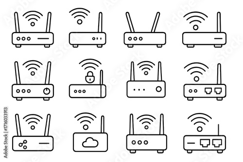 Wi-Fi router line icon set. Wireless internet modem, network signal connection concept. Vector thin line icons. Editable stroke. Technology pictogram collection for web, app.