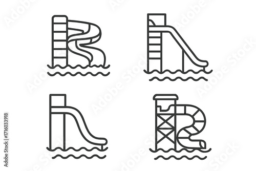 Water park line icon set. Aqua park and pool water slide collection. Summer vacation recreation and fun attraction symbols. Editable stroke vector outline illustrations.
